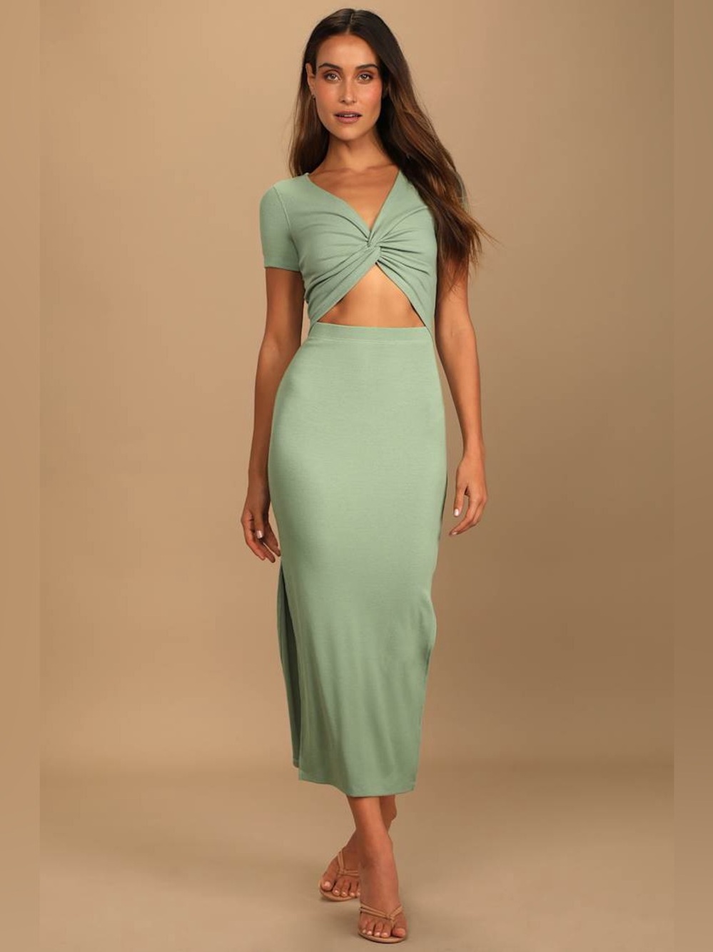 NWT Lulus Style Twist Sage Green Twist Front Cutout Midi Dress | Size Small
